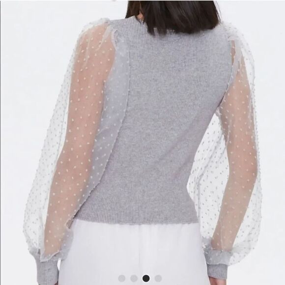 NEW Forever 21 Sheer Swiss Dot Puff Sleeve Rib Knit Sweater in Gray Size Small - Picture 3 of 13